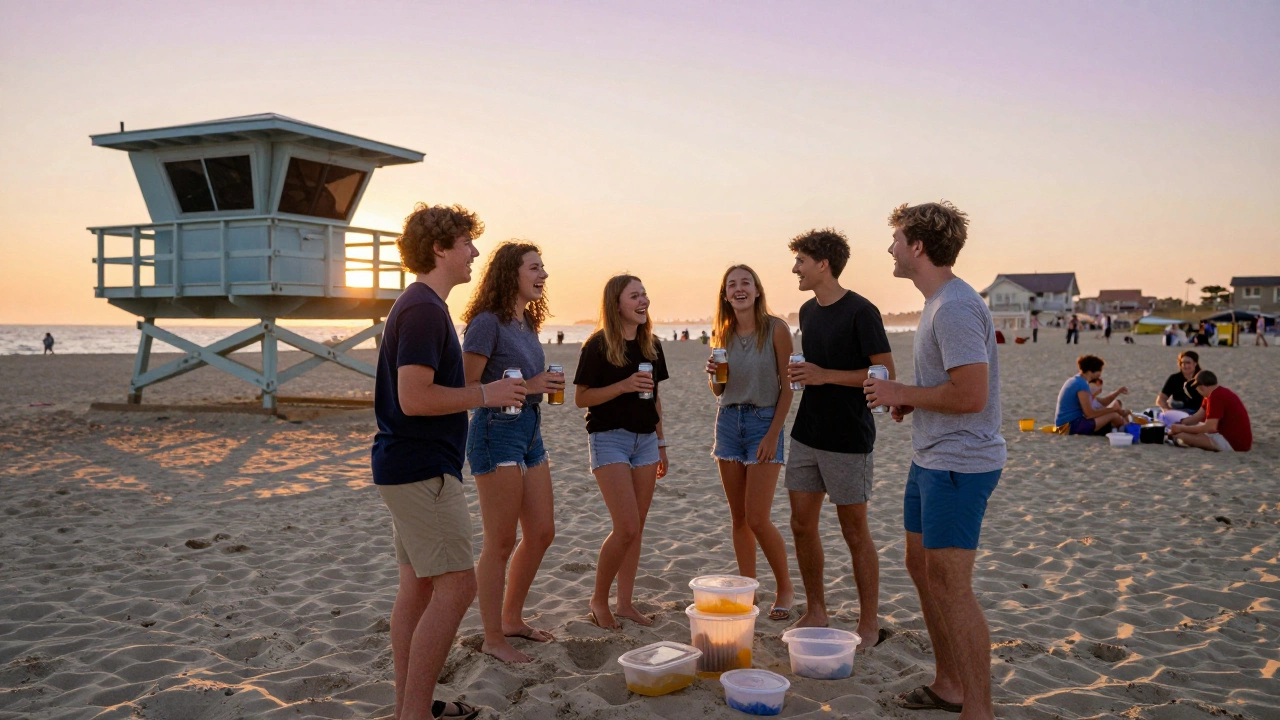 Group on Myrtle Beach boardwalk holding aluminum beer cans as the sun sets, no glass containers visible.