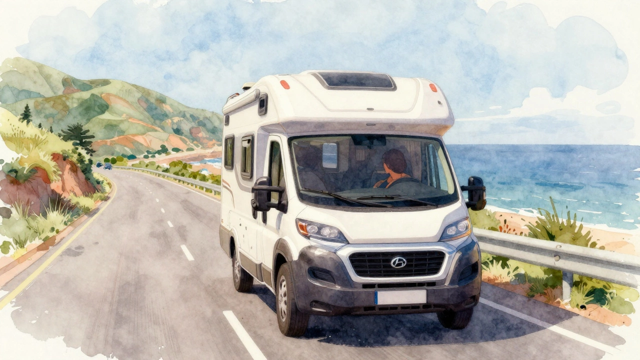 Person driving rented motorhome on coastal highway with ocean views.