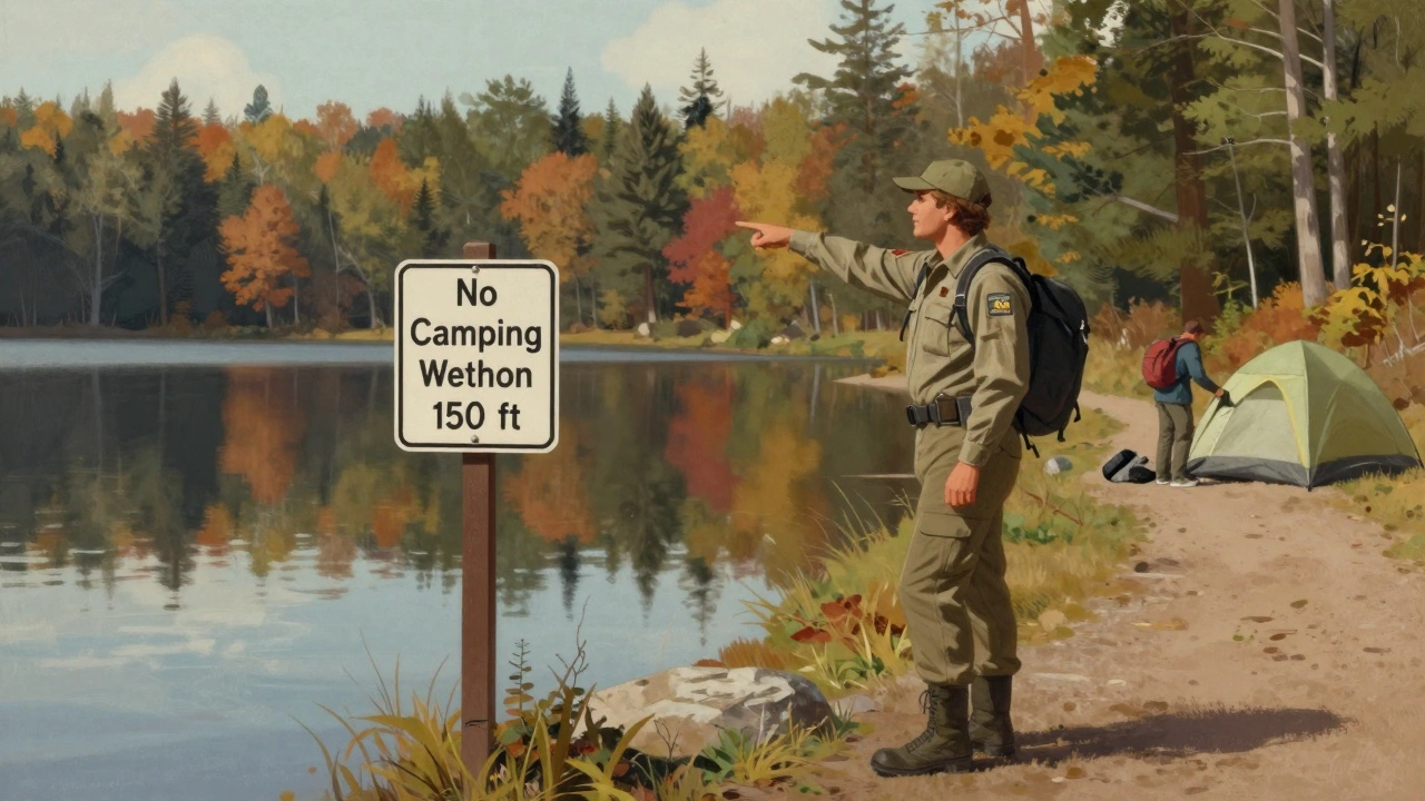 Ranger pointing to no-camping sign near lake while hiker packs up in autumn woods