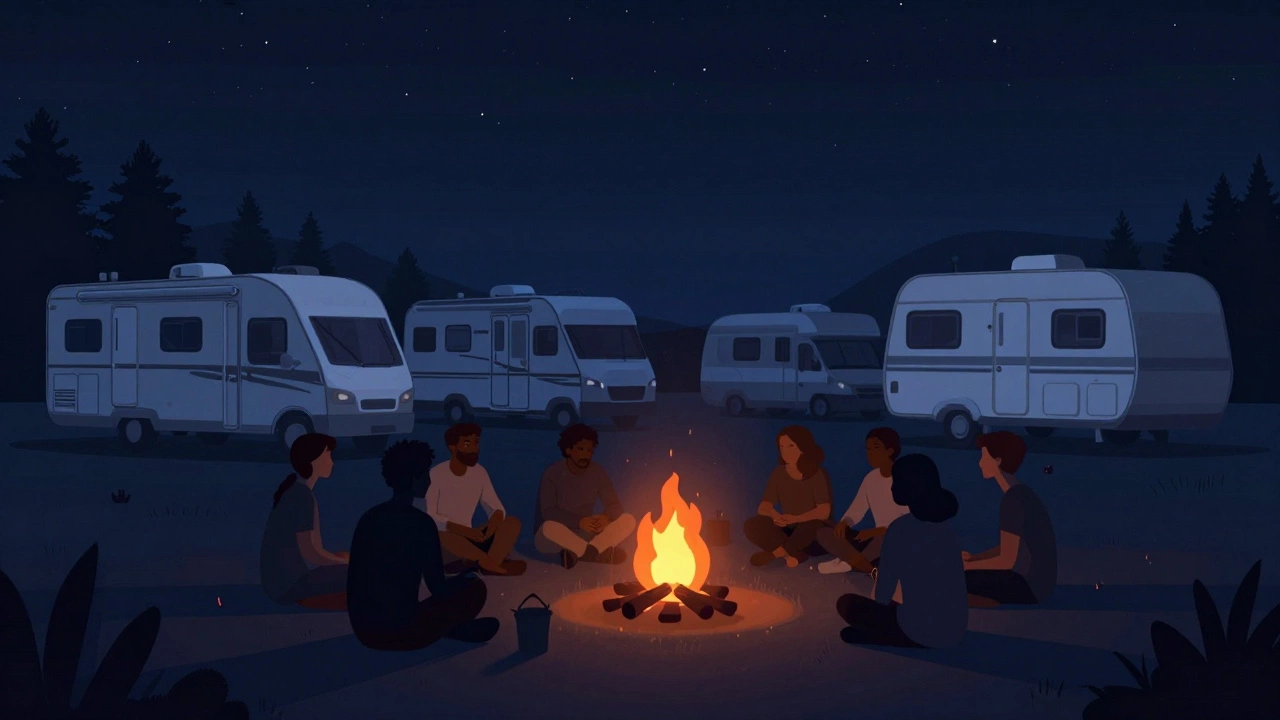 Silhouettes of RVers around campfire under starry sky, diverse vehicles in background.