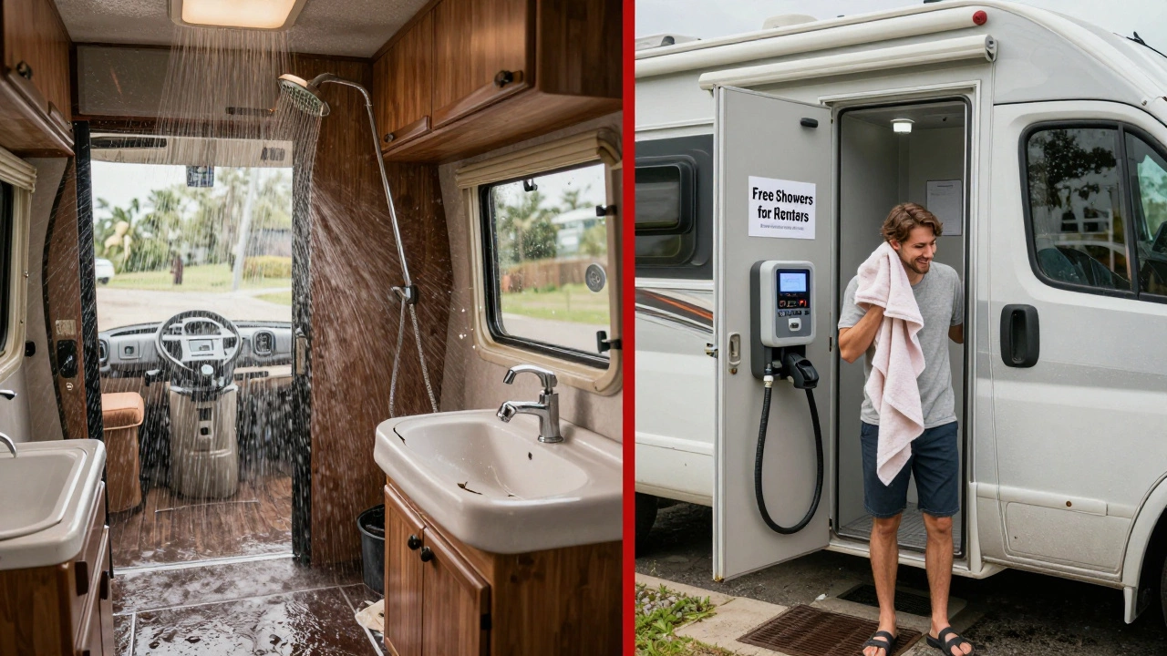 Split image: chaotic shower in motion vs. safe shower at a rest stop with clear signage.