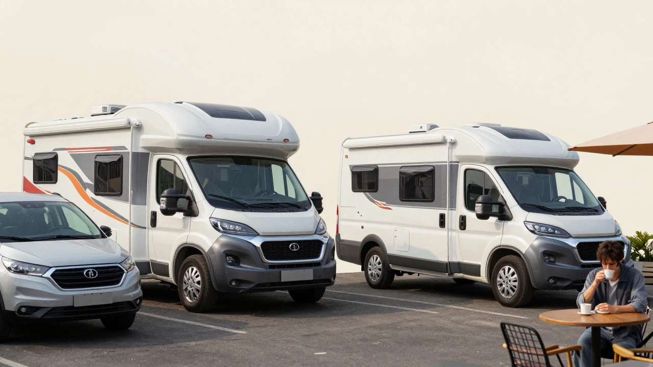Split image comparing a large motorhome stuck in traffic to a compact Class B van parked easily in city lot.