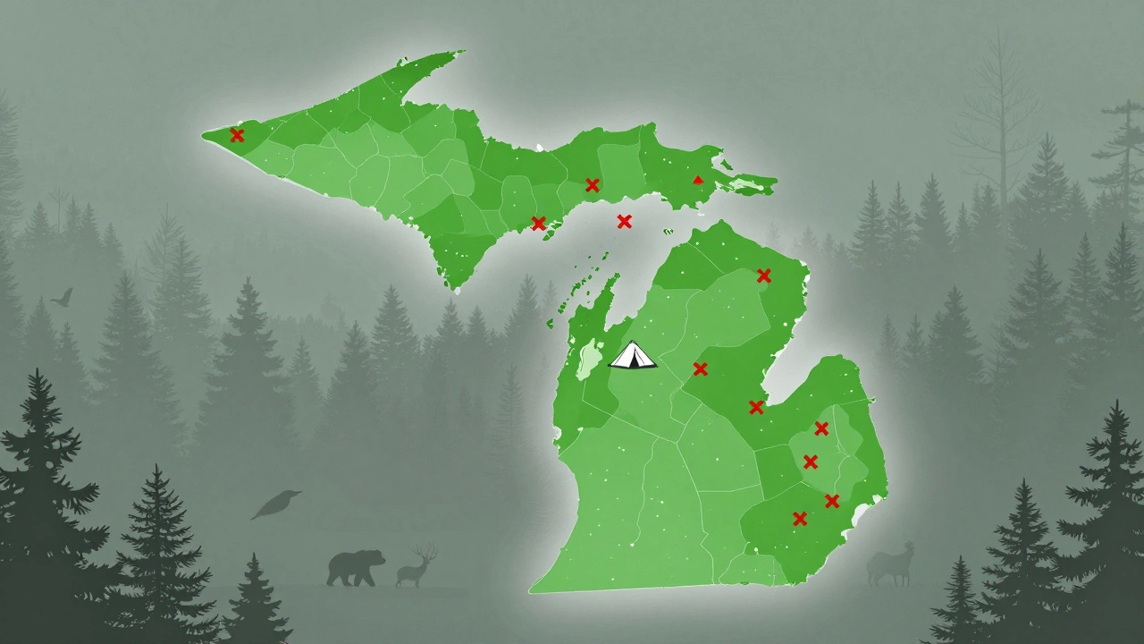 Transparent map of Michigan showing legal and prohibited wild camping zones
