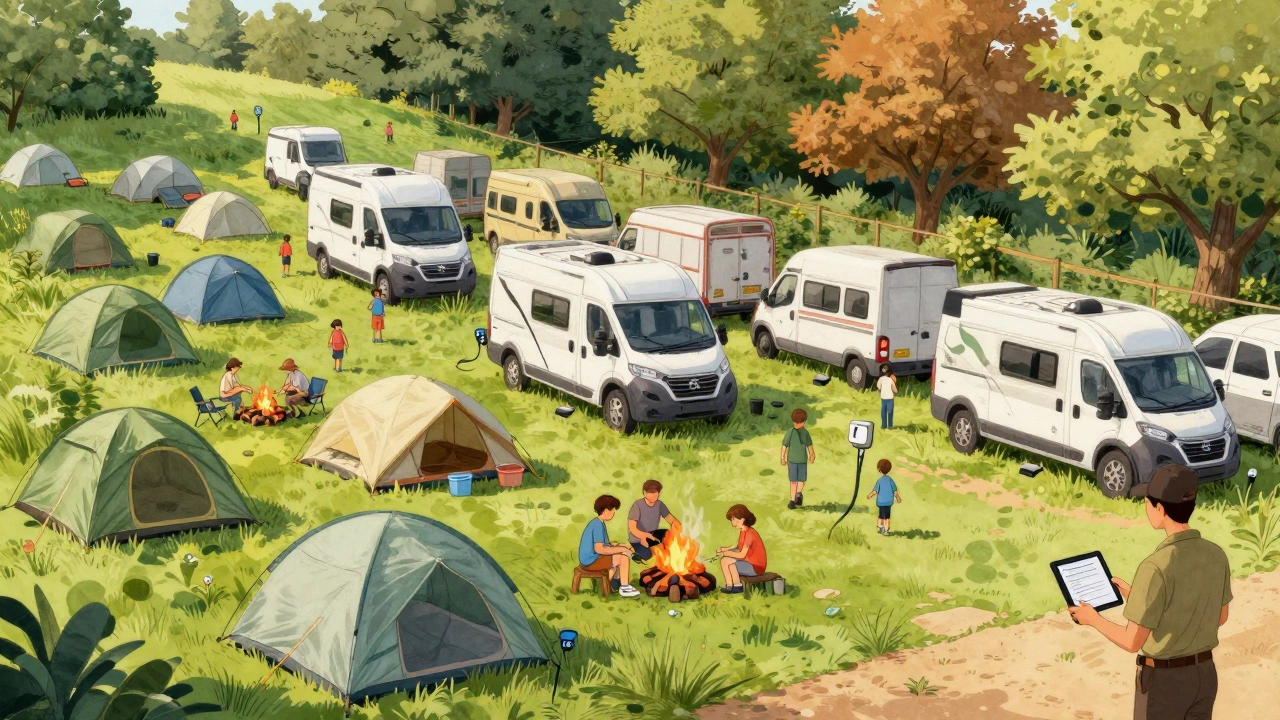 A crowded UK national park campsite in summer with tents, motorhomes, and families enjoying the outdoors.