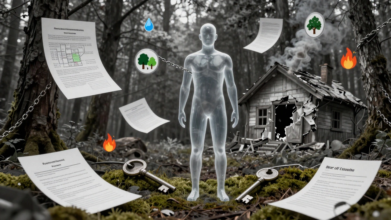 A figure surrounded by legal and environmental symbols, with a collapsing cabin in the background.
