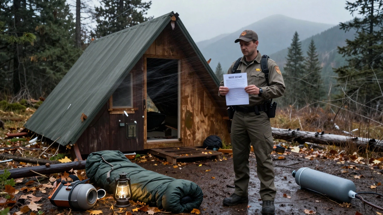 A Forest Service ranger standing beside dismantled off-grid structures in a national forest, personal items scattered on the ground.