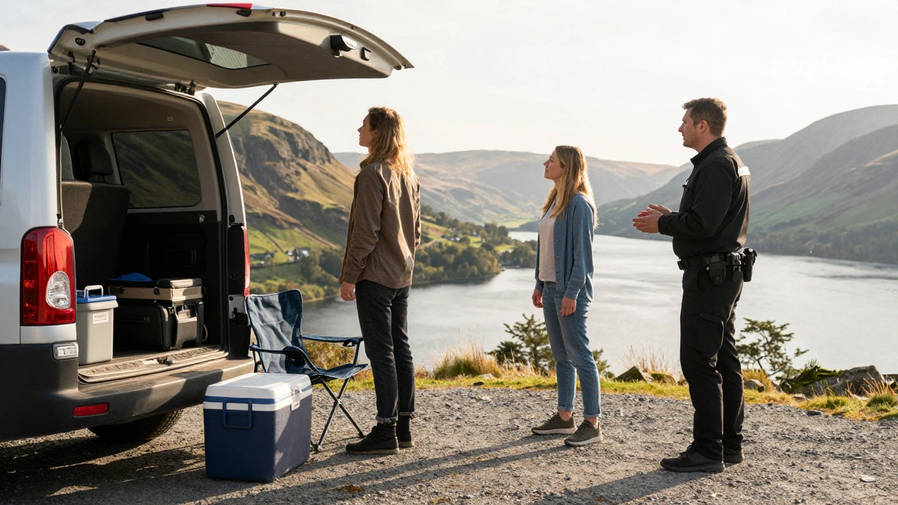 A park ranger speaking to a van occupant near a national park overlook, with outdoor camping equipment in view.
