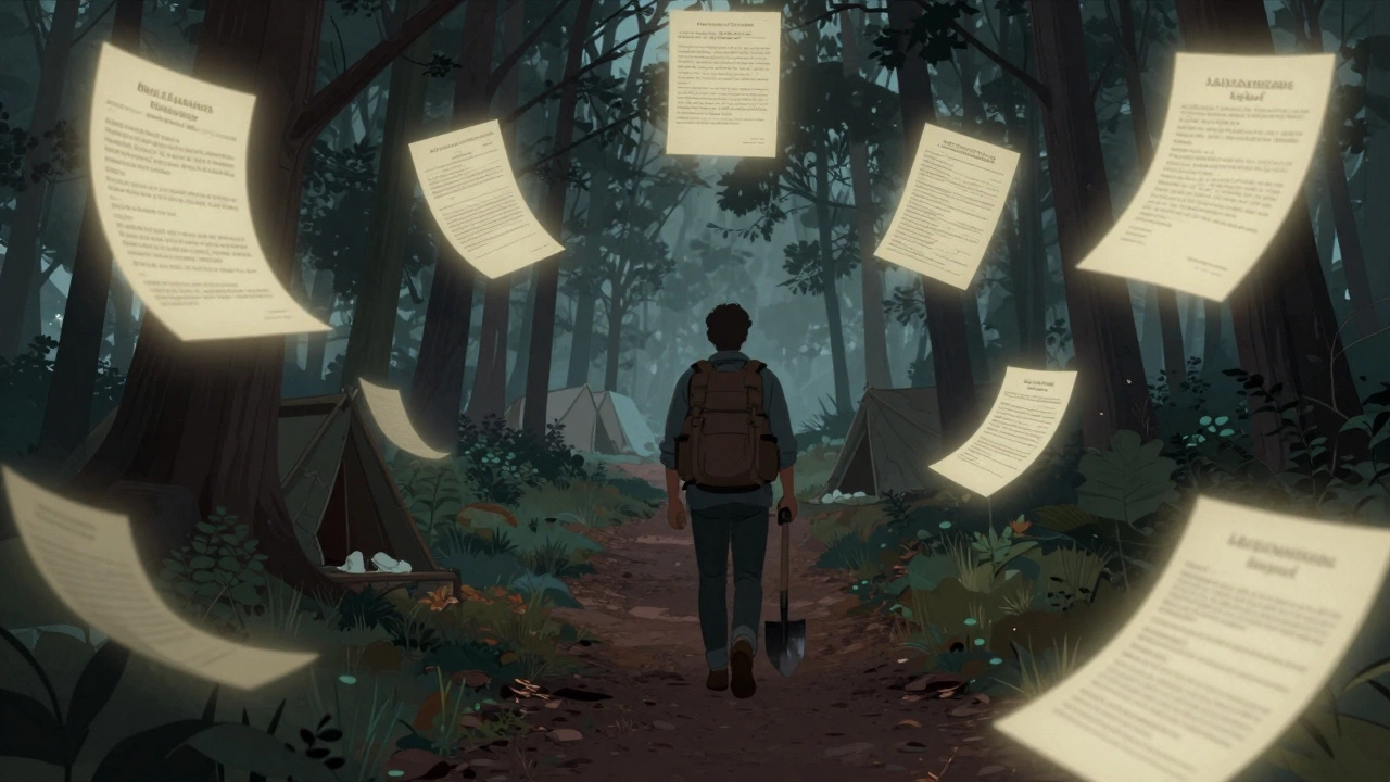 A person walking through a forest at twilight, with faint legal documents floating like ghosts behind them, symbolizing lawful off-grid options.