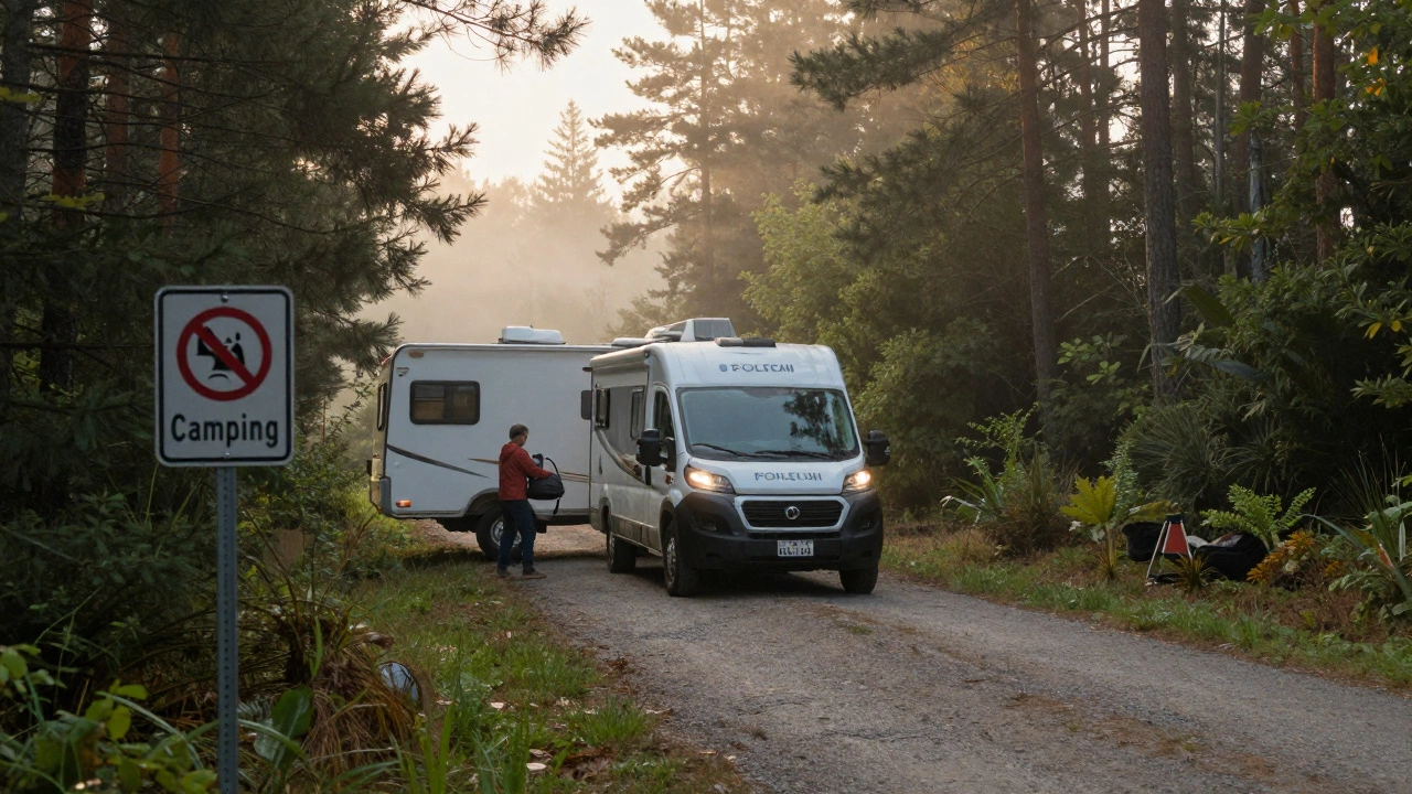 A ranger approaching an RV near a forest sign that says 'No Camping' as the owner packs up at dawn.