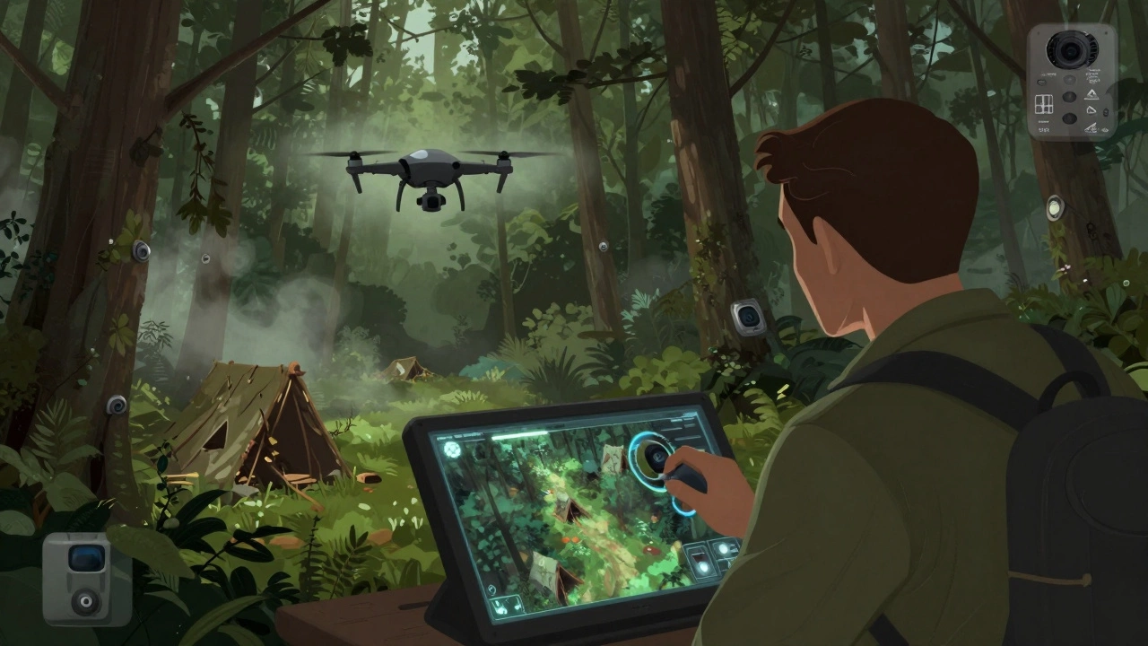 A ranger uses a drone to detect illegal shelters in a wooded area.