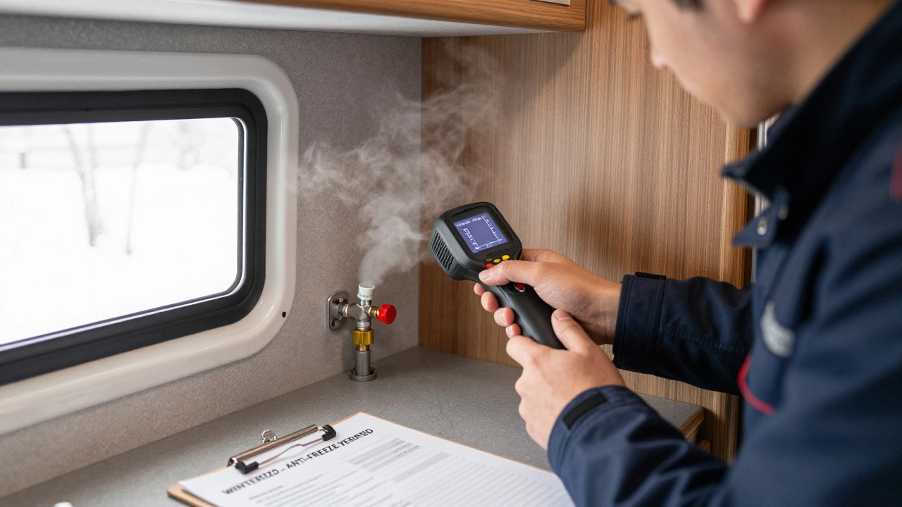 A technician using a thermal camera to inspect a motorhome's plumbing during a winter pre-delivery check.