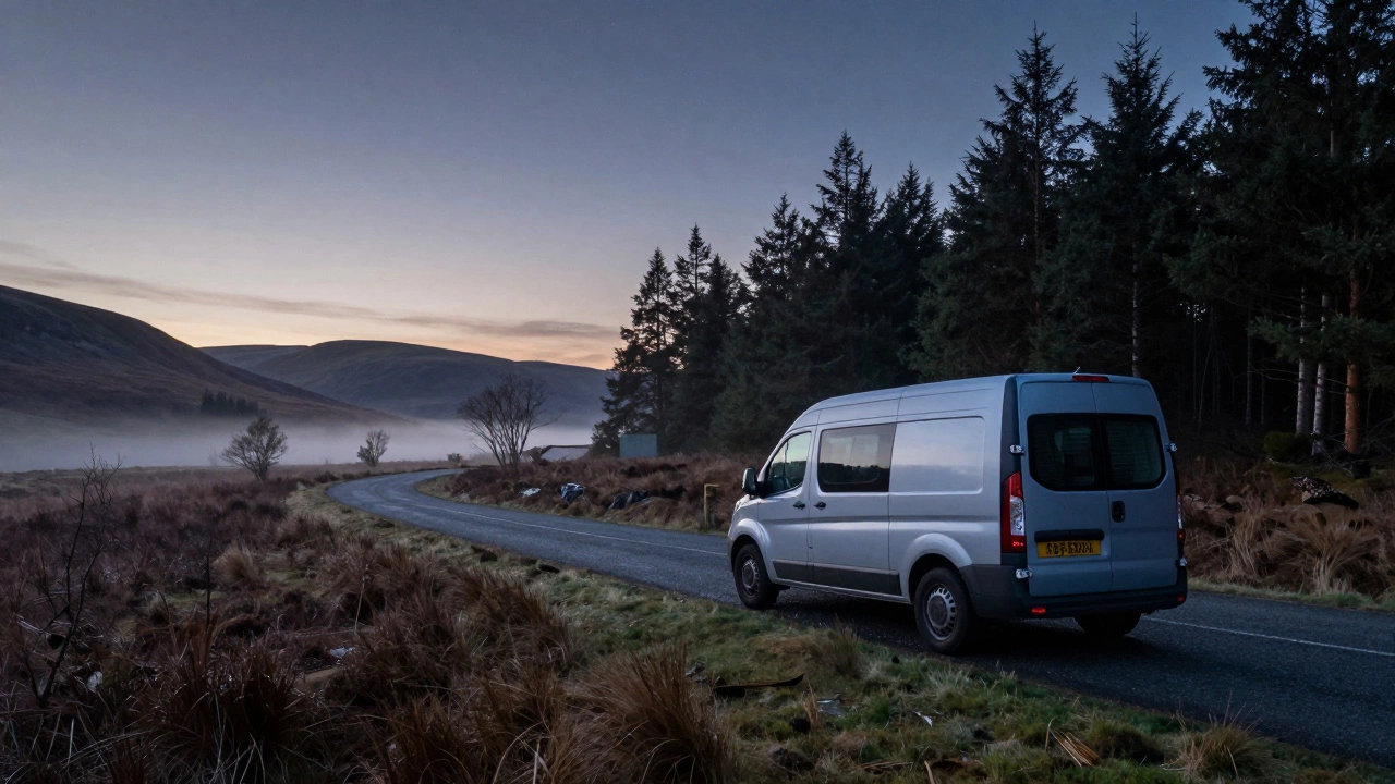 A van parked quietly in a scenic Scottish lay-by at dusk, surrounded by forest and mist, no camping gear visible.