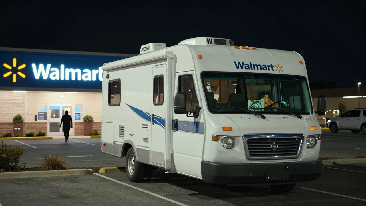 An RV parked at the edge of a Walmart lot at night, with soft store lighting and no external gear.