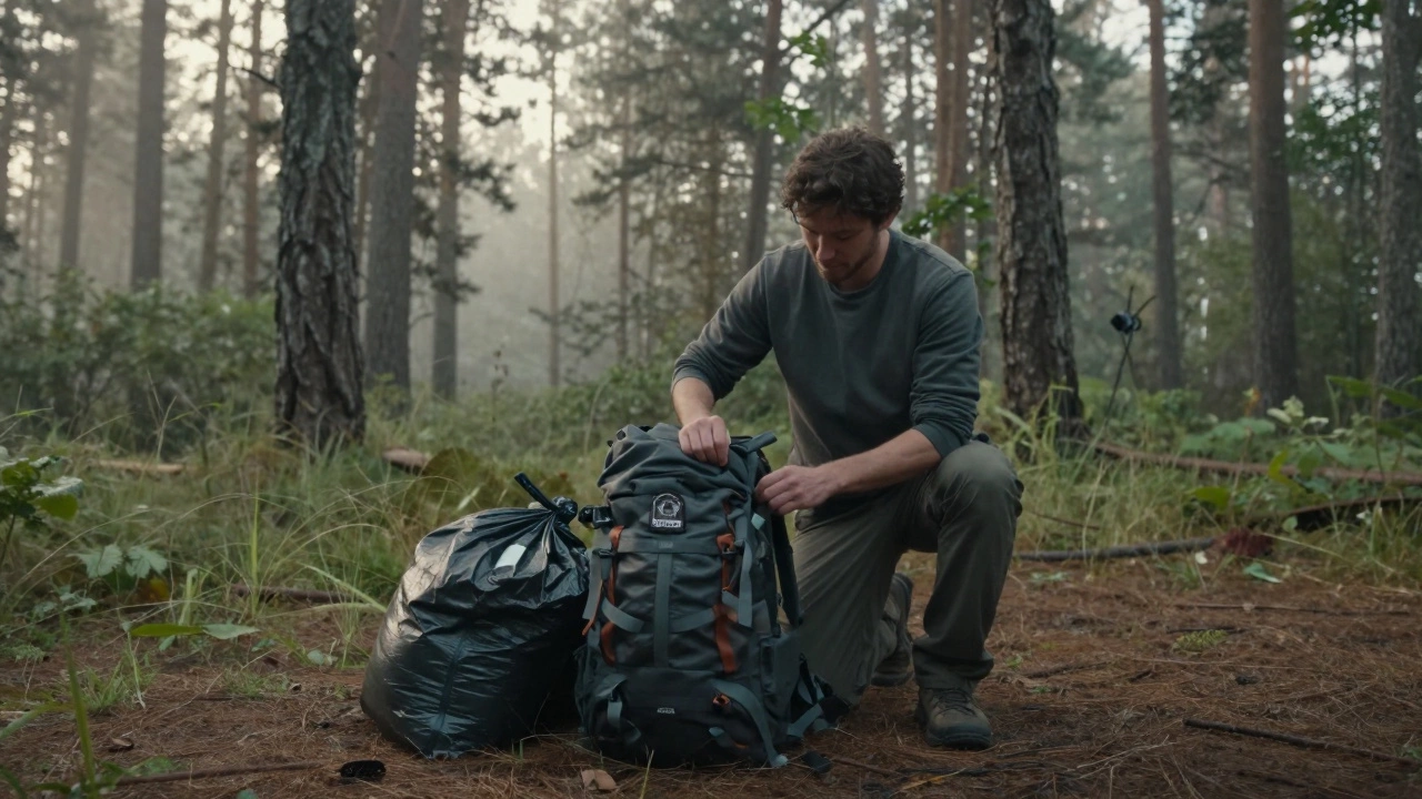 Camper packing up tent and waste bags in a forest clearing