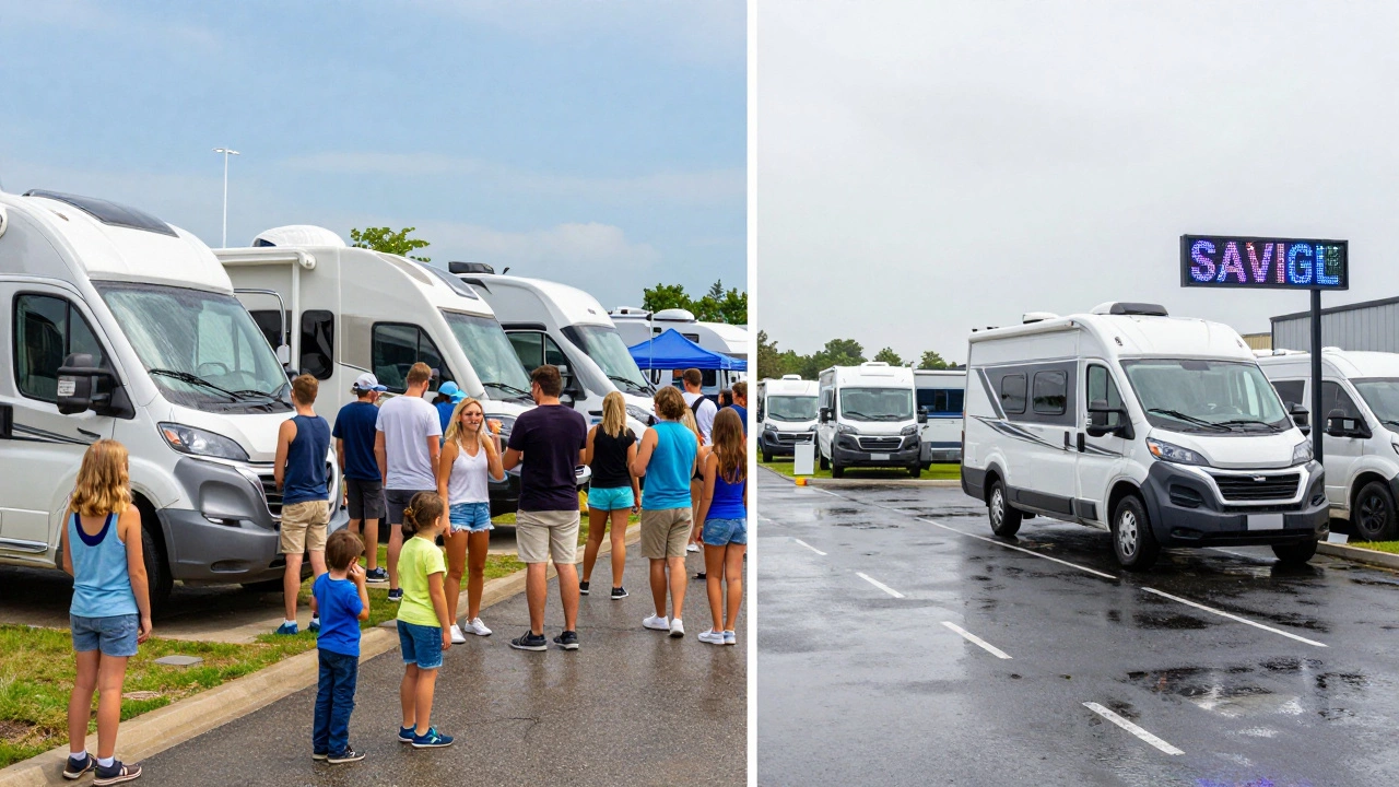 Contrast between a busy summer RV show and a quiet winter dealership lot, showing peak vs. off-season buying conditions.