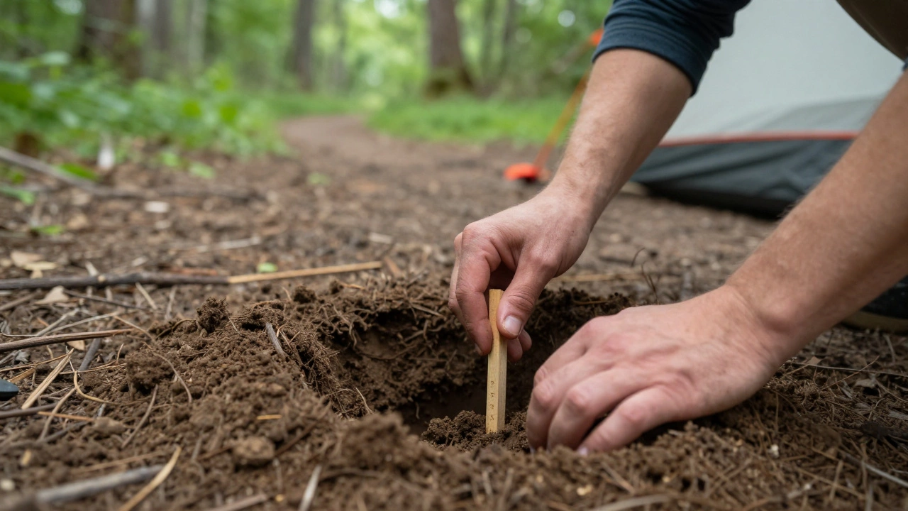 Hands digging cathole following Leave No Trace principles