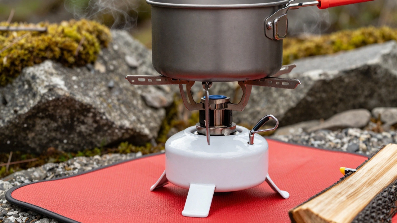 Portable gas camping stove cooking on a protective mat in the wild