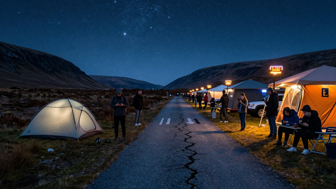 Split image: peaceful wild campsite in Scotland vs busy booked campsite in England, symbolizing camping choices.
