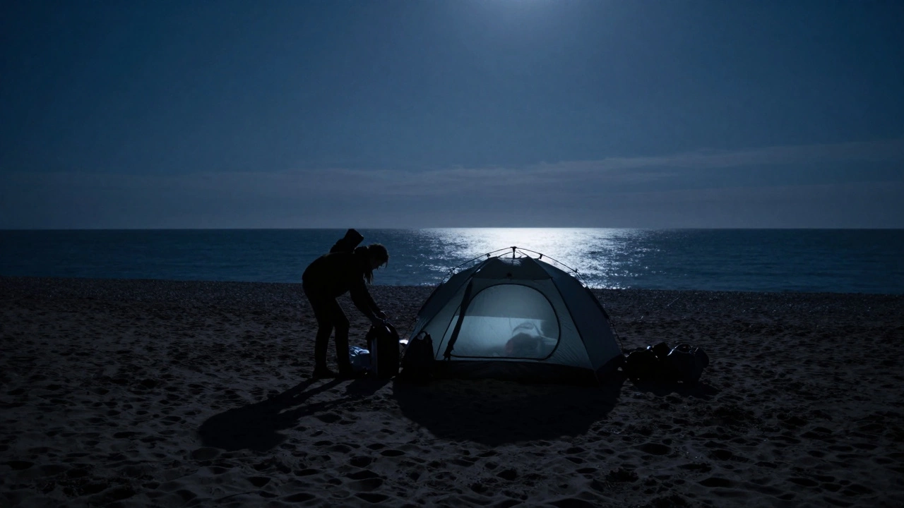 Two people quietly packing up a tent on a dark English beach under moonlight, leaving no trace.