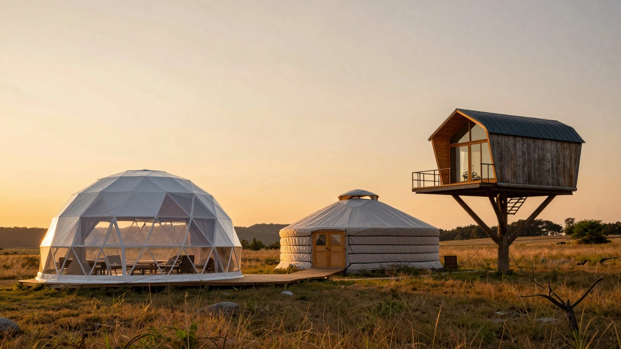 A collection of glamping structures including a geodesic dome, a yurt, and a luxury treehouse