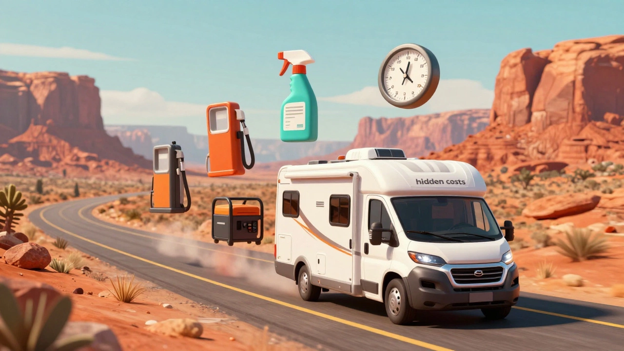 A motorhome on a highway with floating icons representing fuel, cleaning, and mileage costs.