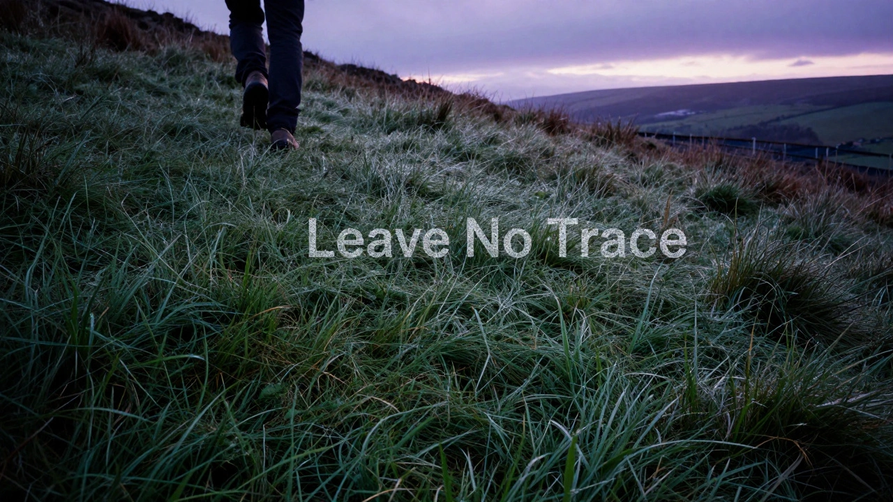 A pristine grassy slope with no trace of a campsite as a hiker walks away.