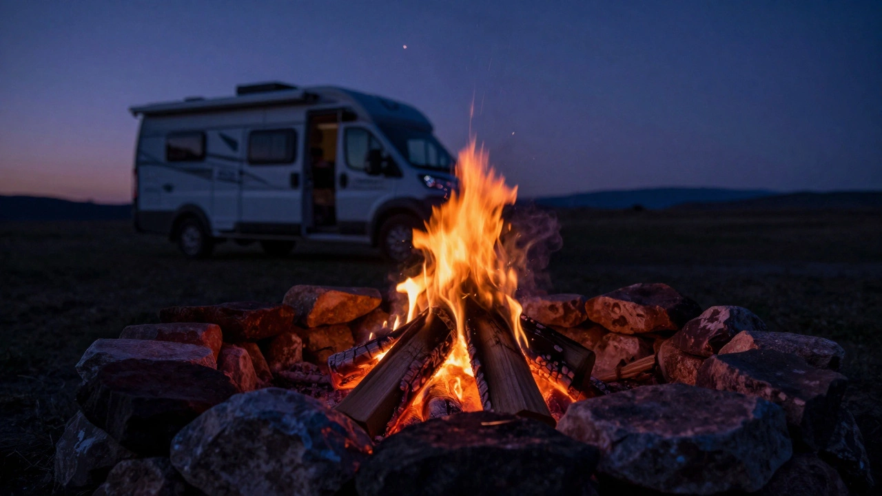 An extinguished campfire in a stone ring under a starry night sky