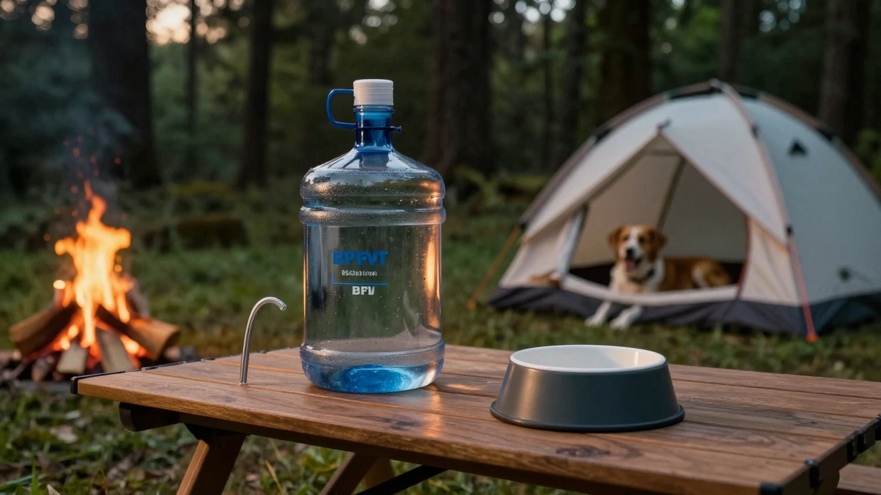 Camping gear including a water jug and filter straw at a campsite