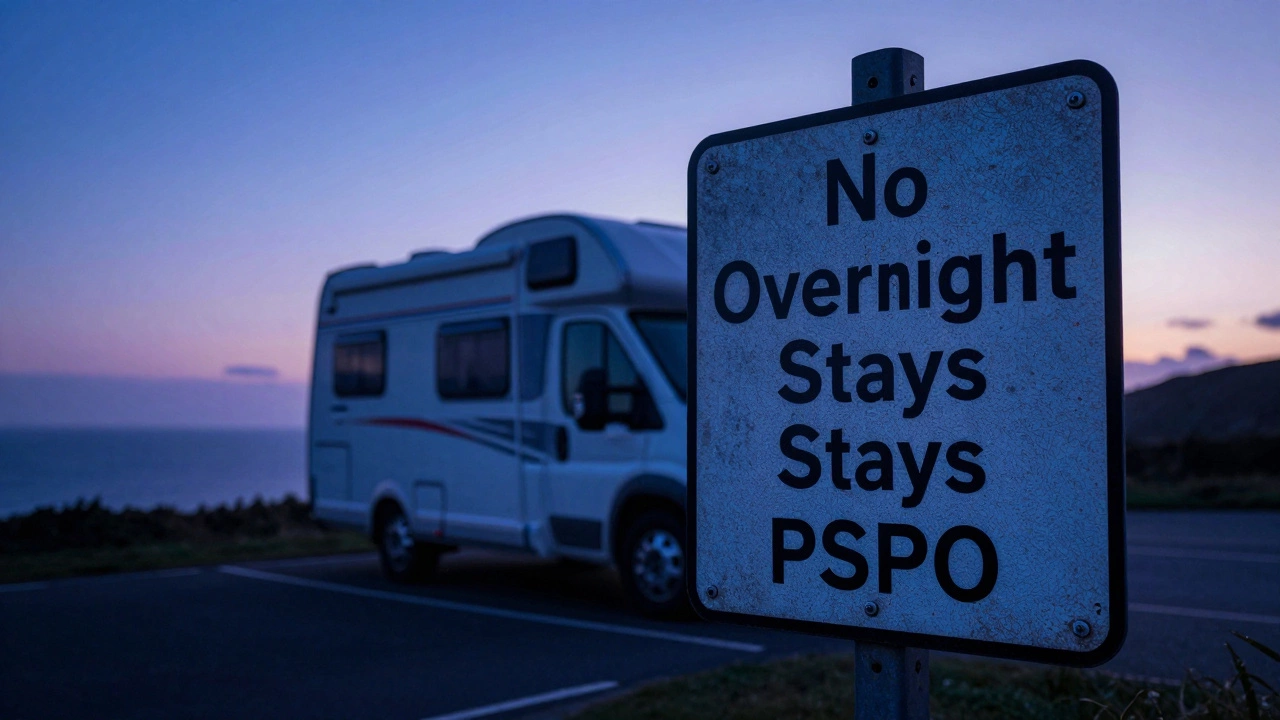 Close-up of a 'No Overnight Stays' sign with a motorhome parked on a coastal road in the background.