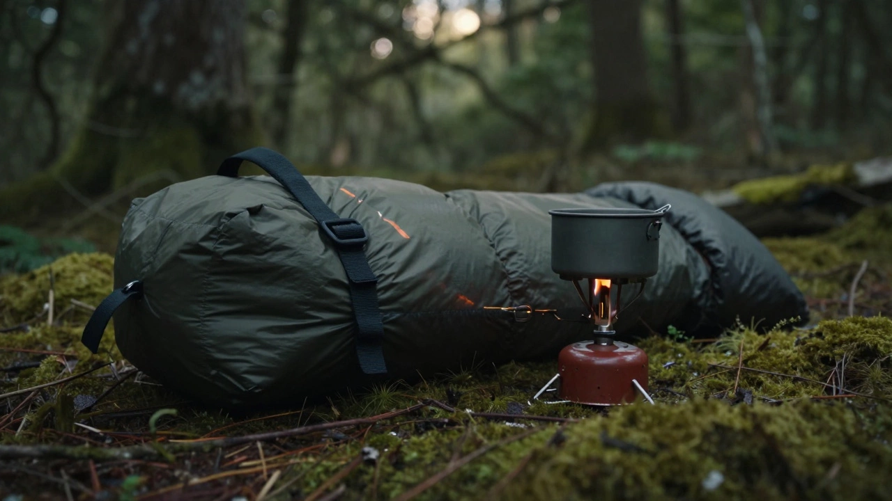 Compact camping gear including a bivy bag and small stove on a forest floor.
