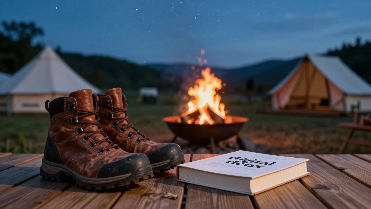 Hiking boots and a book on a deck with a glowing communal fire pit under a starry sky