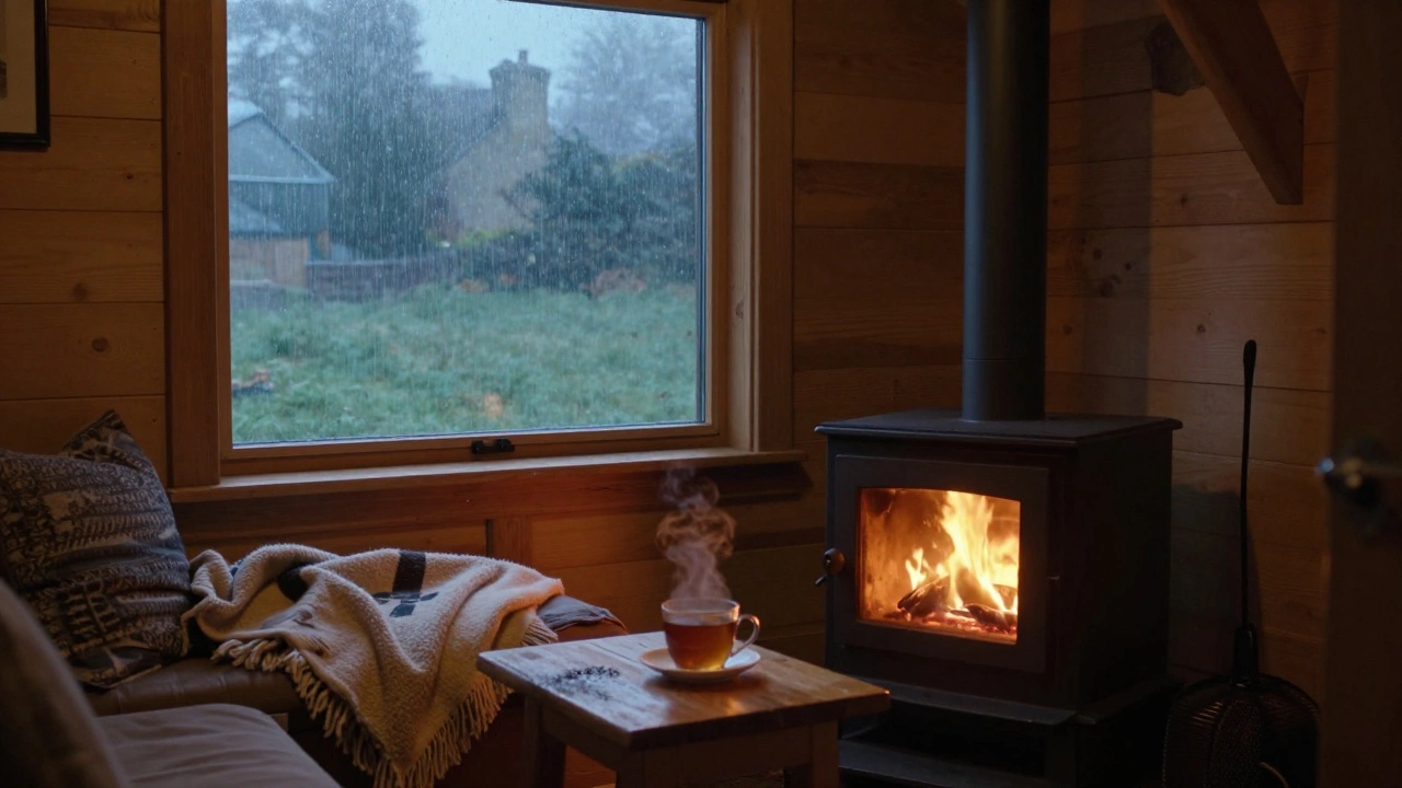 Interior of a cozy Shepherd's Hut with a wood-burning stove during a rainy evening