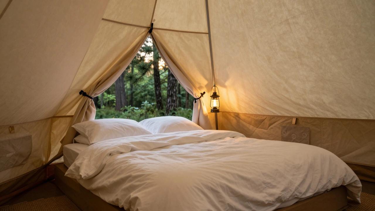 Interior of a glamping tent featuring a real bed with white linens and a view of the forest.