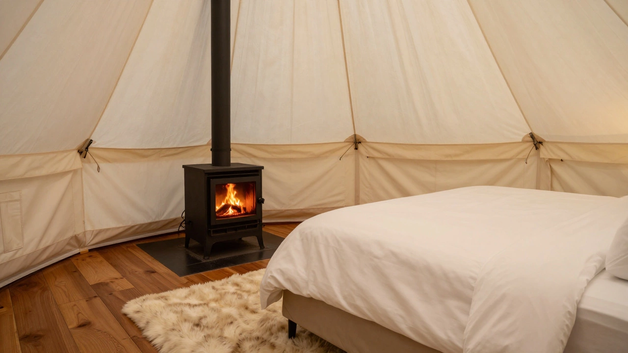 Interior of a luxury tent featuring a king-size bed and a warm wood-burning stove