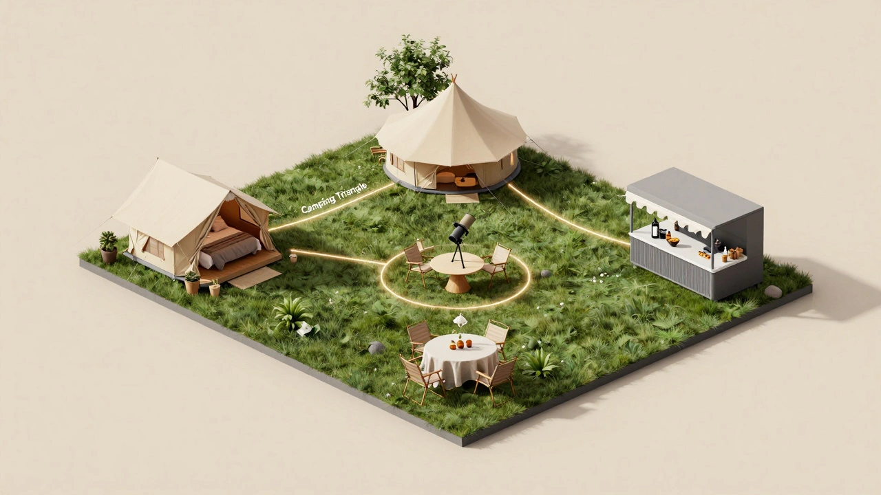 Isometric 3D diagram of a luxury campsite layout showing the flow between sleeping, dining, and utility zones.