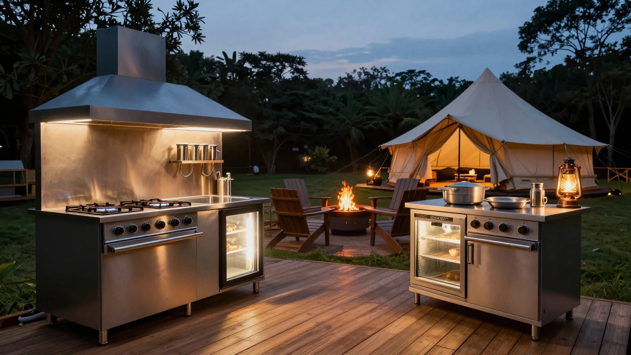 Luxury outdoor camp kitchen with a fire pit and a distant canvas tent during a peaceful twilight evening.