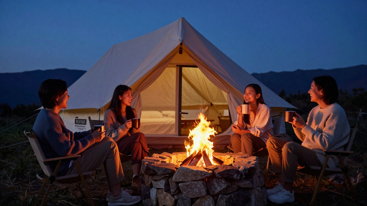 People relaxing by a campfire in front of a luxury canvas tent at twilight.