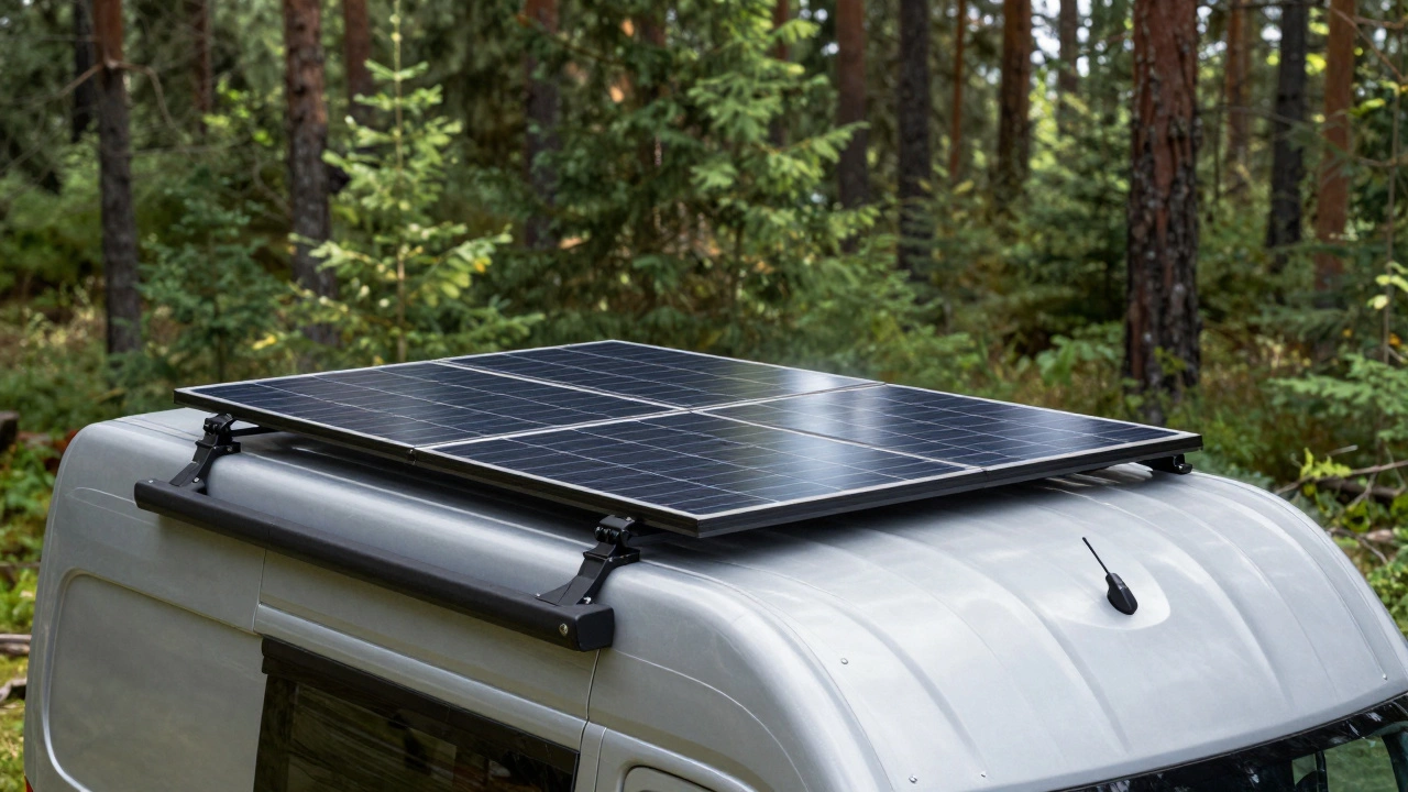 Solar panels on the roof of a camper van in a lush pine forest