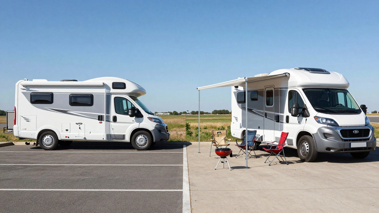 Split image comparing a neatly parked motorhome and one with camping gear deployed on the street.
