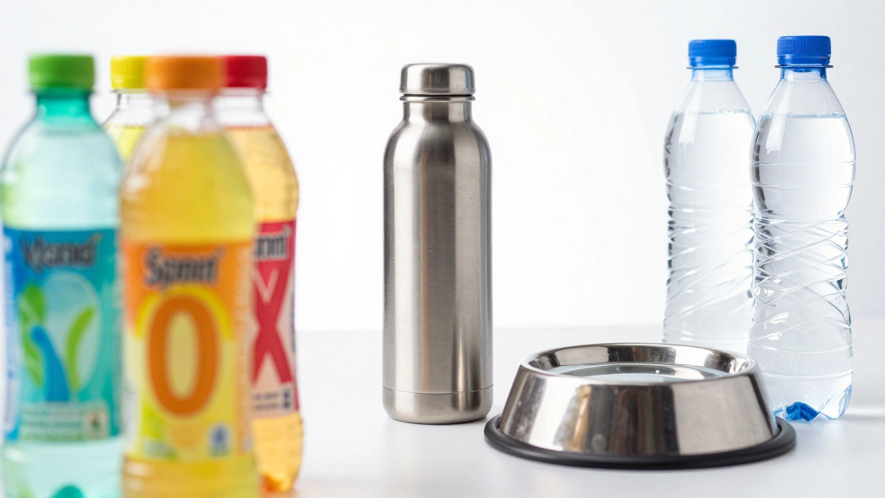 Stainless steel flask and dog bowl next to colorful vitamin waters