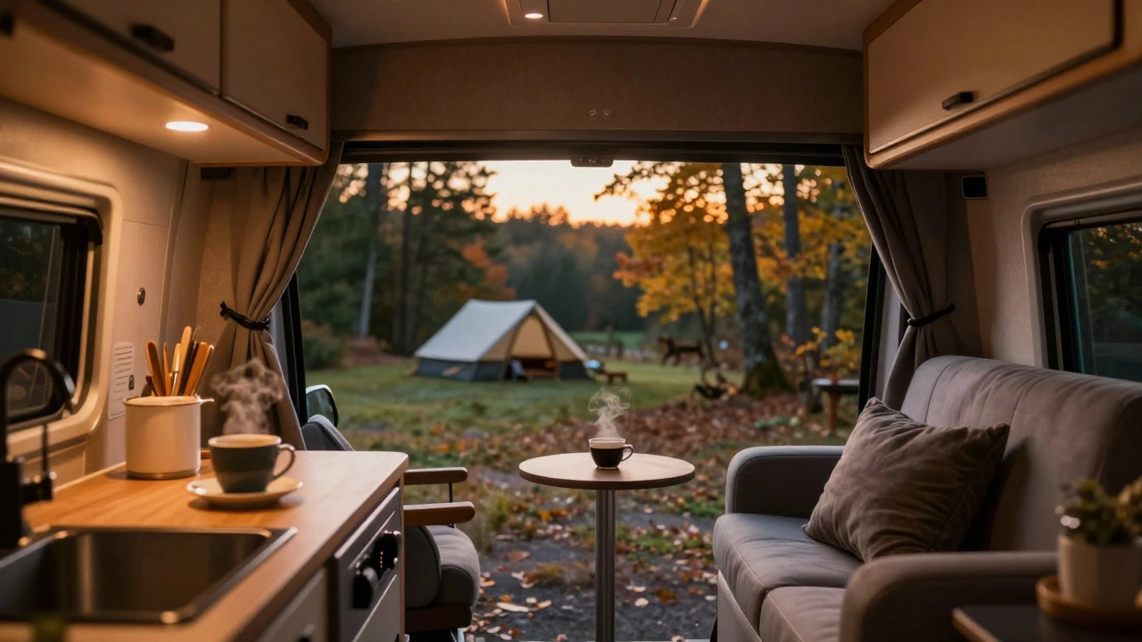 The cozy interior of a motorhome looking out at a forest campsite during golden hour.