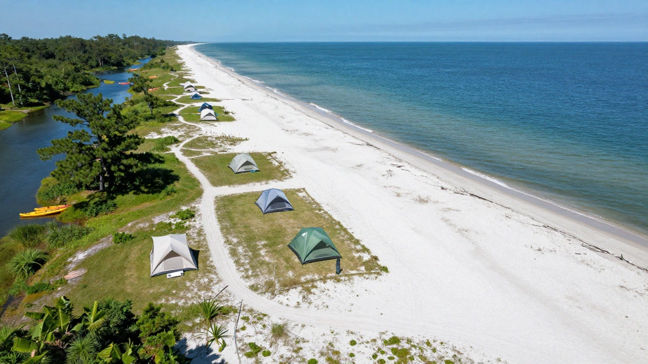 Aerial view of tents at Waccamaw Silversands State Park near the ocean.