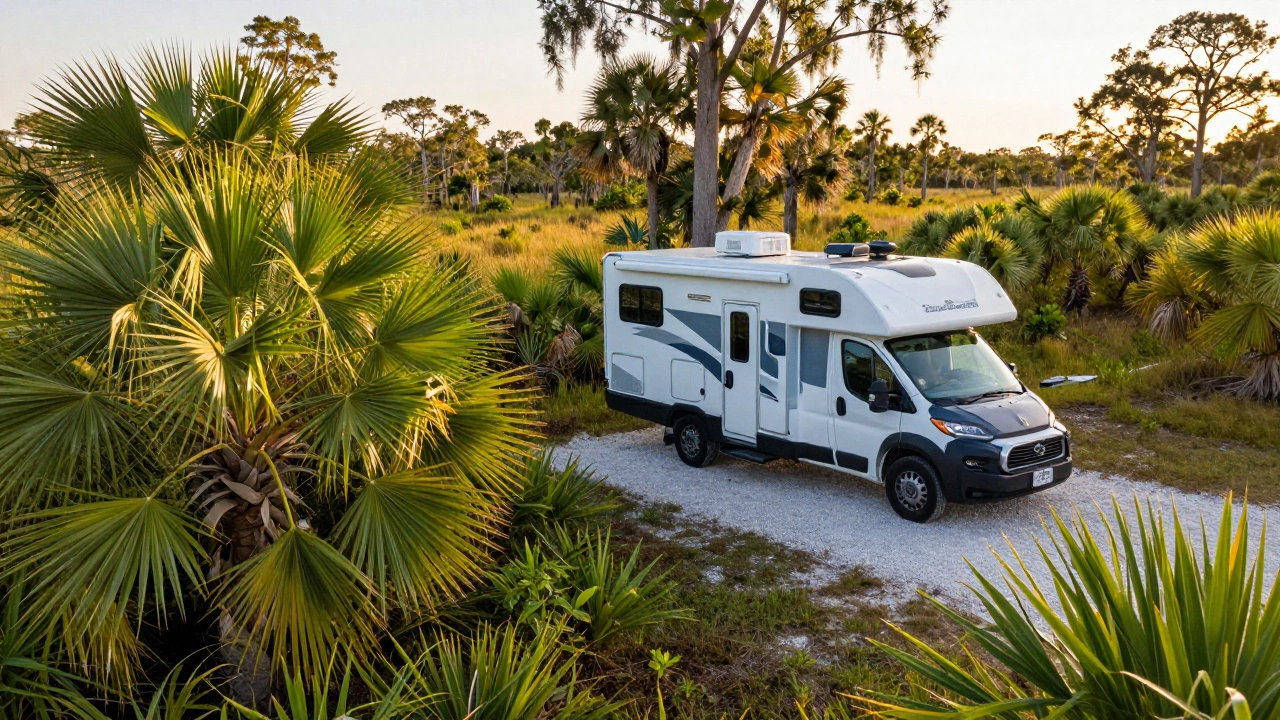 Camper van at a sunny Everglades National Park campsite