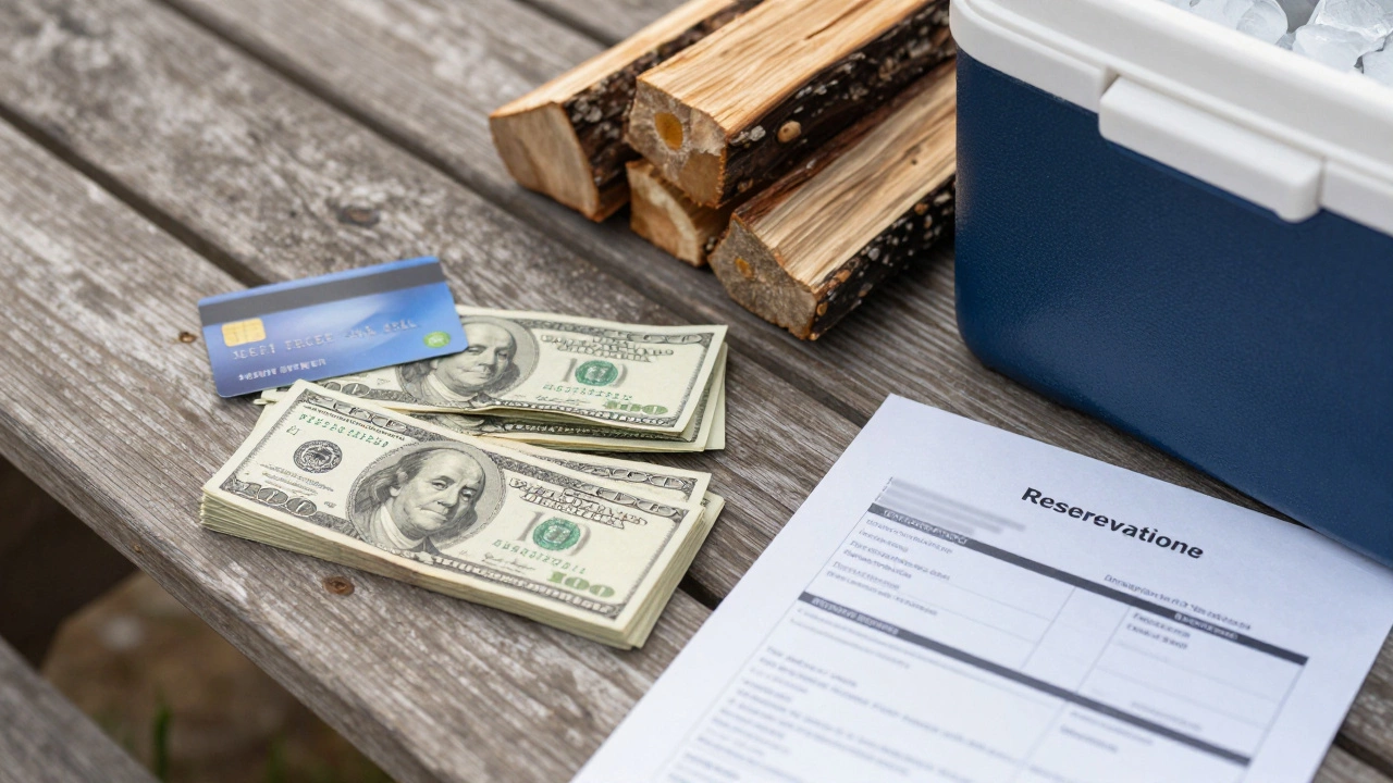 Camping costs including cash, credit card, firewood, and cooler on a picnic table