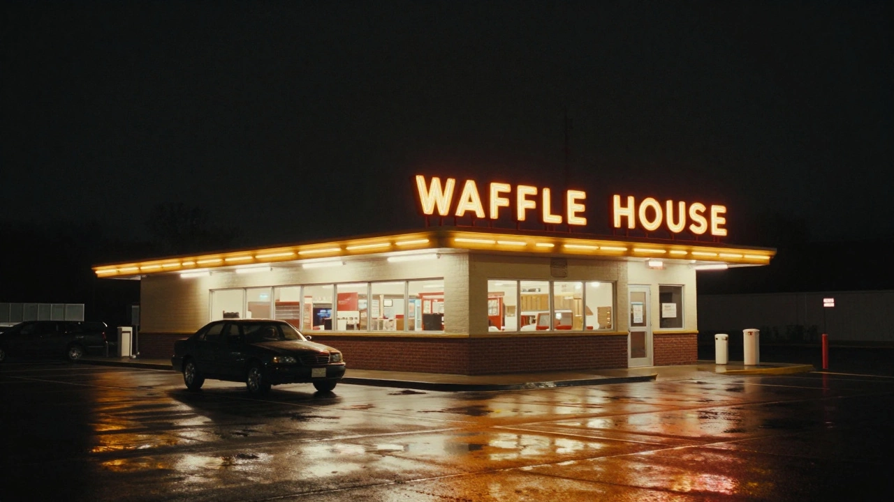 Car parked near a lit Waffle House diner at night
