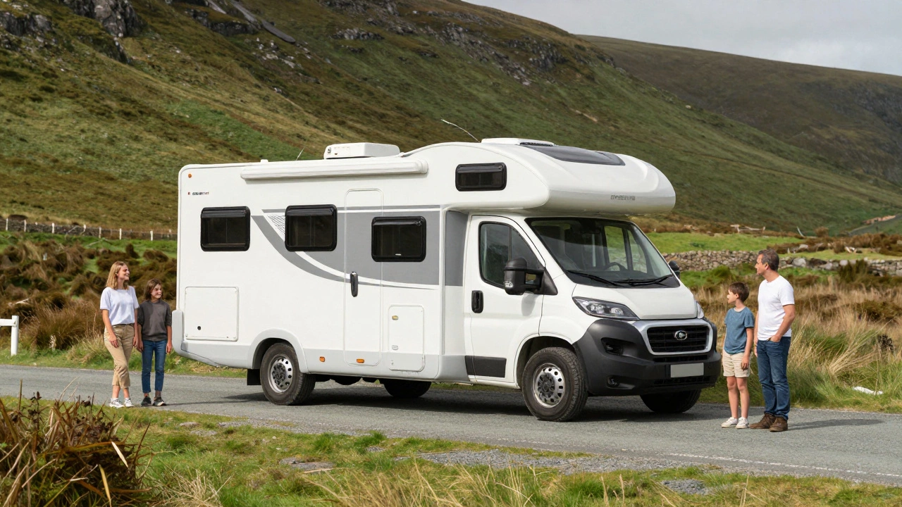 Class C motorhome parked on rural British road
