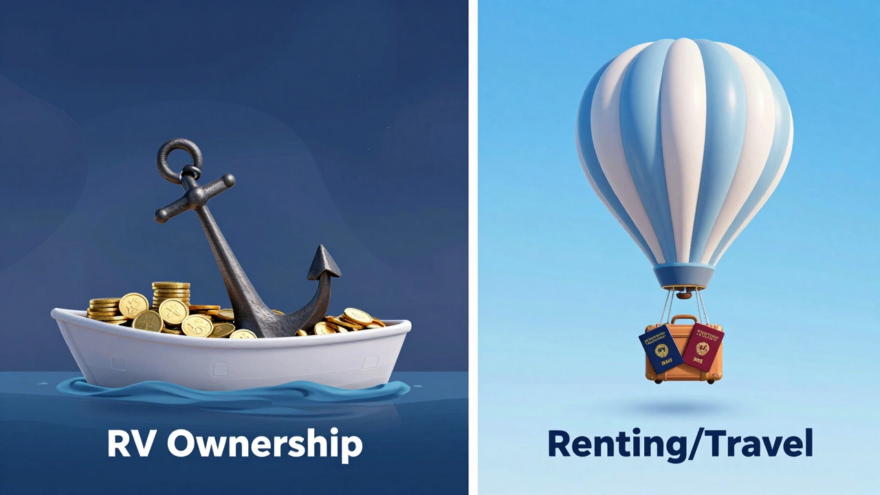 Conceptual art comparing RV ownership costs vs renting