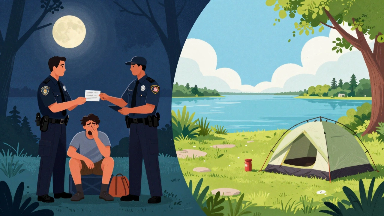 Contrast between police fining a beach camper and a peaceful legal state park site.