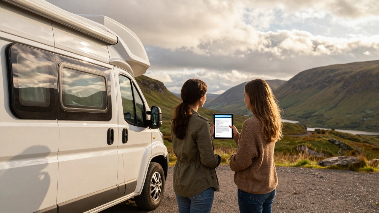 Couple checking rental details beside an electric campervan in Scottish Highlands.