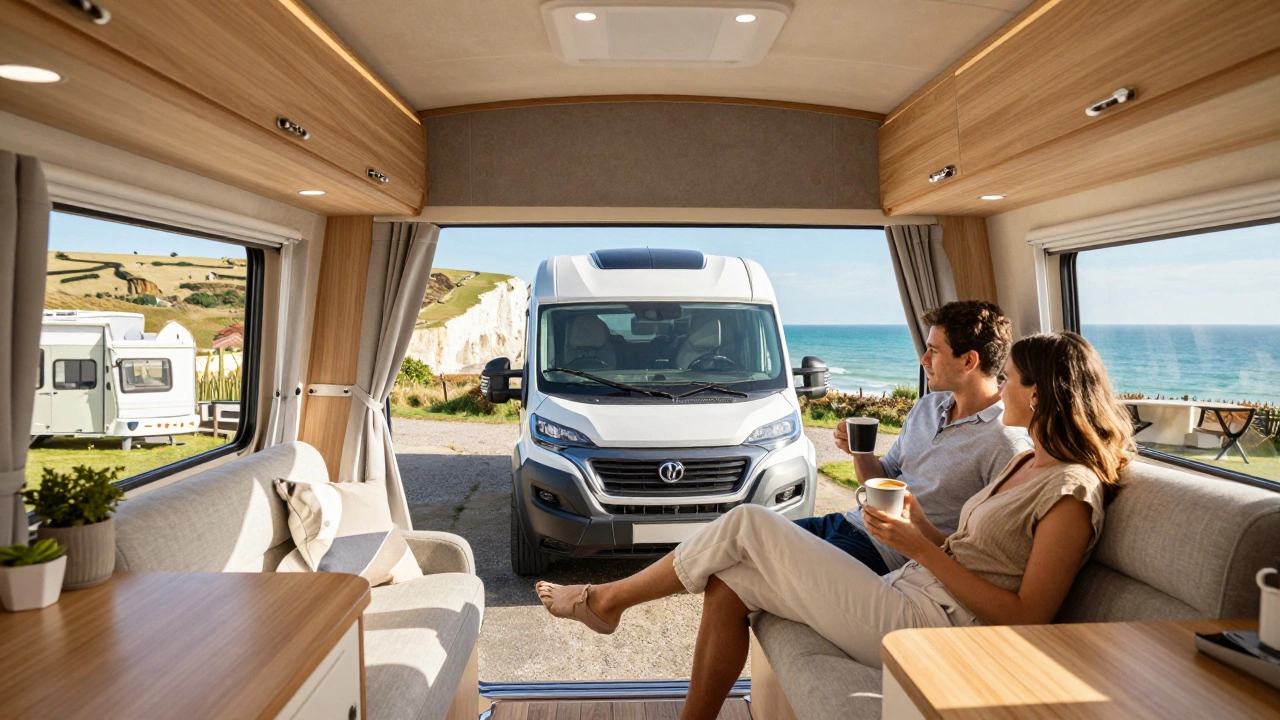 Couple relaxing in motorhome with coastal UK view